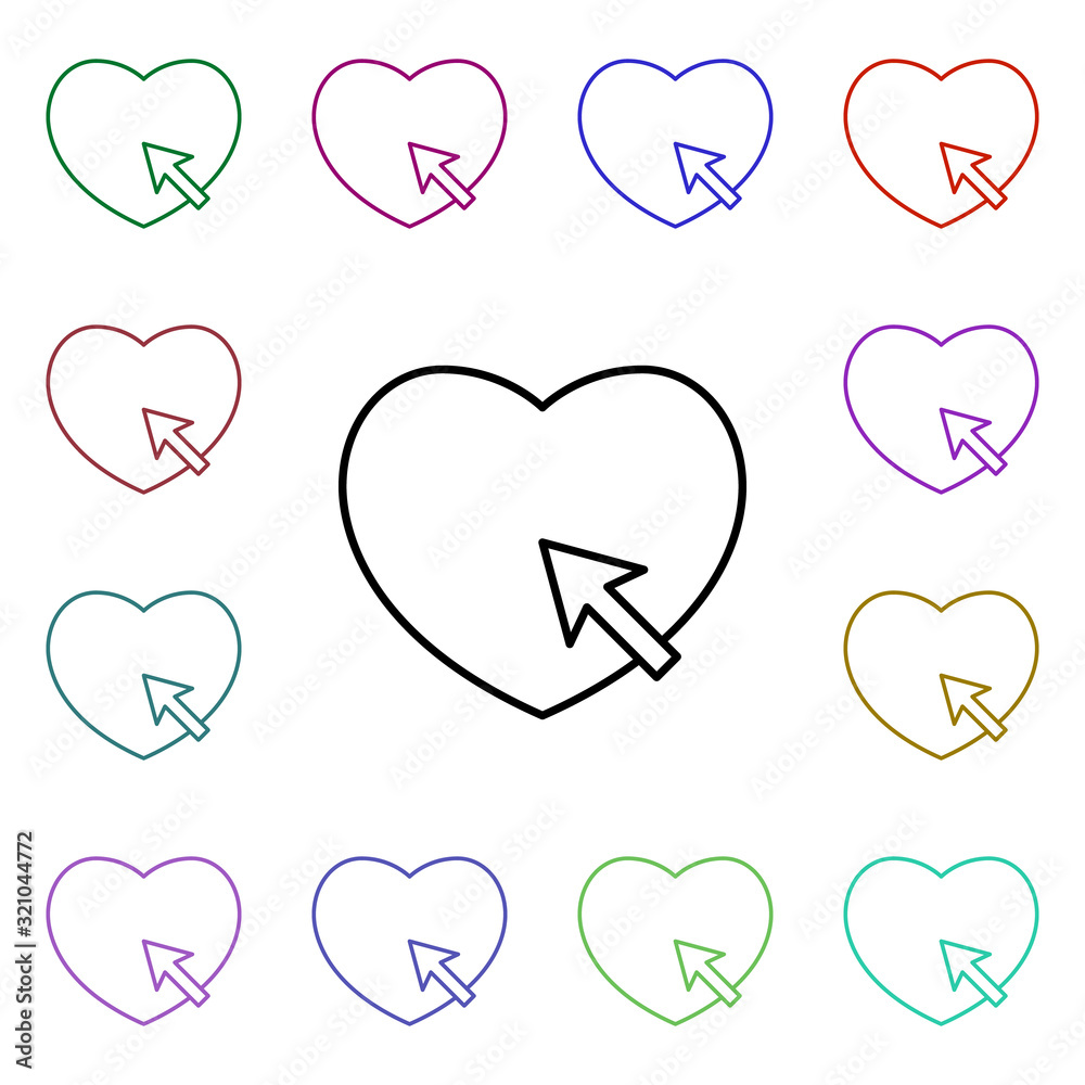 Poster heart click with mouse arrow pointer multi color style icon. simple thin line, outline vector of hea