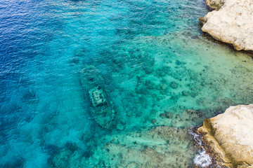 Aerial view of coast of Curaçao in the Caribbean Sea with turquoise water, cliff, beach and...