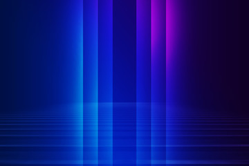 Abstract dark background of empty scene with ultraviolet light. Neon light figures in the center of the stage.