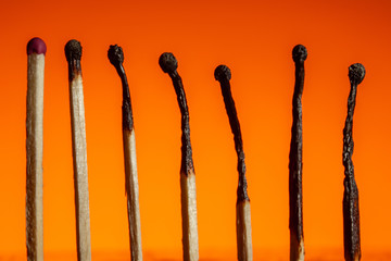 seven matches in a row in the corners of a leadership chart on a Lush Lava background. close up copy space