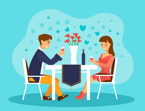 Loving couple on a date in a restaurant. Valentines day celebration or romantic dinner. 