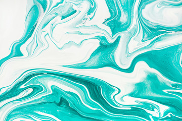 Fototapeta na wymiar Mint green and white marbling acrylic paint background. Contemporary fluid art raster illustration. Aquarelle colors mixing effect abstract backdrop. Watercolor dynamic creative texture close up