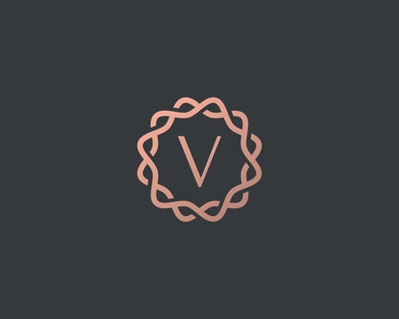 Abstract linear monogram letter V logo icon design modern minimal style illustration. Premium alphabet round wreath frame vector line emblem sign symbol mark logotype