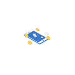 Isometric phone with balance control application. Vector illustration of money exchange and trade app