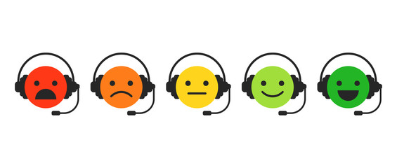 Icons for call center. Smiling service. Emotional faces with headphones. Objects on white background