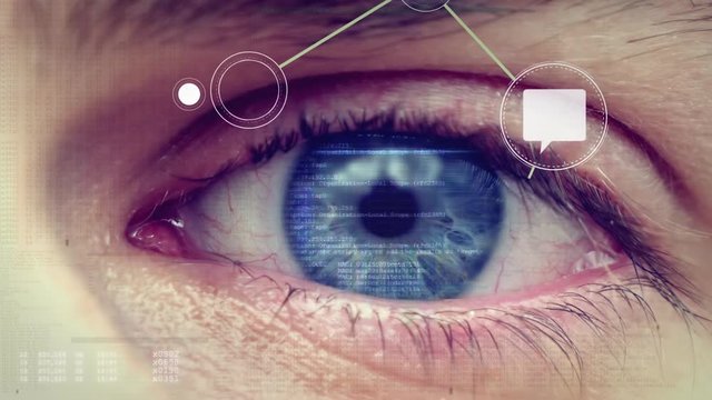 Digital network of connections and codes in the environment of a human pupil - Digital generated animation - Close-up