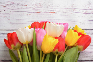 A bouquet of fresh, bright, multi-colored tulips on white wooden boards.