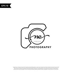 Initial Letter NE with camera. Logo photography simple luxury vector.