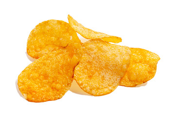 Naklejka na ściany i meble Fried potato chips snack isolated on white background. Delicious pieces of crispy golden chips. Tasty potato slices in close up. Natural organic product.