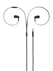 Earphones headset. In-ear headphones for music lovers. Vacuum wired black ear plugs for listening music and sound on portable devices on a white background.