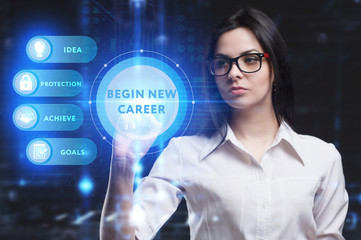 Business, Technology, Internet and network concept. Young businessman working on a virtual screen of the future and sees the inscription: begin new career