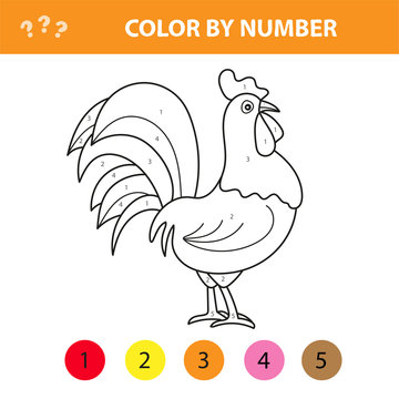 Color by number for children - farm animals rooster, cock - easy level