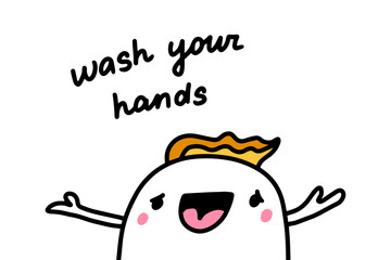 Wash your hand drawn vector illustration in cartoon comic style happy man with clean arms