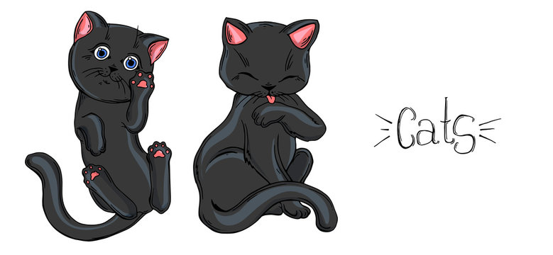 Painted set of black cats in different poses.