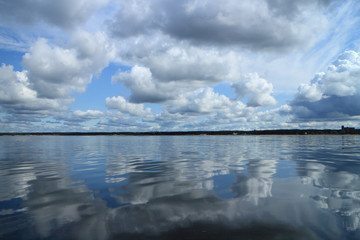 cloudy landscape reflected in lake water