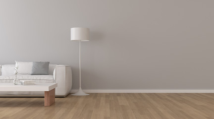 Fototapeta na wymiar Perspective of modern scandinavian living room style with white sofa and lamp on grey wall, sun light cast shadow in the room,timber interior design - 3D rendering.