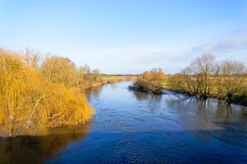 Fast flowing water of the River Trent at Kelham Bridge on a winter morning