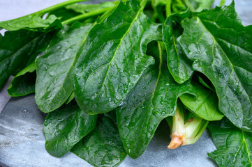 Young fresh leaves of green organic spinach ready to cook