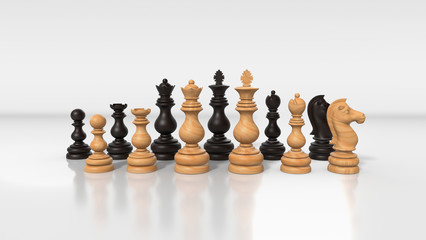 Chess pieces on board. Various pieces in wood and other finish