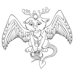 Fototapeta premium Fantastic fairytale mysticalanimal with wings and horns, vector illustration. Coloring image on a white background.