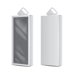 White carton boxes with plastic hanging hole. Realistic vector mockup packaging. Software box