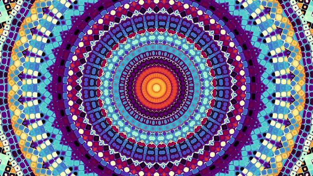 Transforming ornamental vintage mosaic art circle in retro style. Seamless loop footage.
