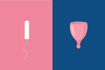 Hygienic women's tampon on pink background VS menstrual Cup on a classic blue background. Zero waste concept vector stock illustration. - obrazy, fototapety, plakaty