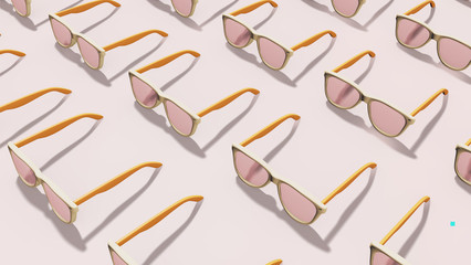 Fototapeta premium Orange and beige coloured eyewear (sunglasses) in a pattern formation against light pink background