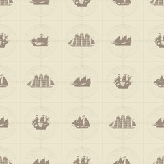Fototapeta na wymiar Vector seamless pattern on the theme of nautical travel, adventure and discovery with various sailing ships and world maps in retro style. Suitable for background, wallpaper, wrapping paper, fabric
