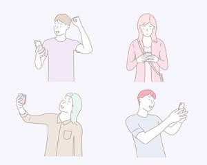 Men, women, teenagers use mobile phones with different emotions.Eps10 vector.