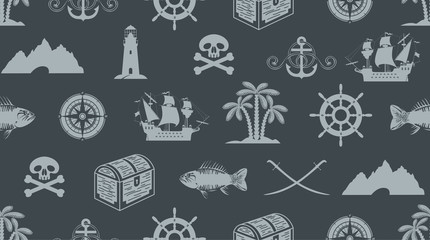 Vector seamless pattern on the theme of pirate adventures with sailboats, lighthouses, Jolly Rogers, treasure chests and more on the dark background. Suitable for Wallpaper, wrapping paper, fabric