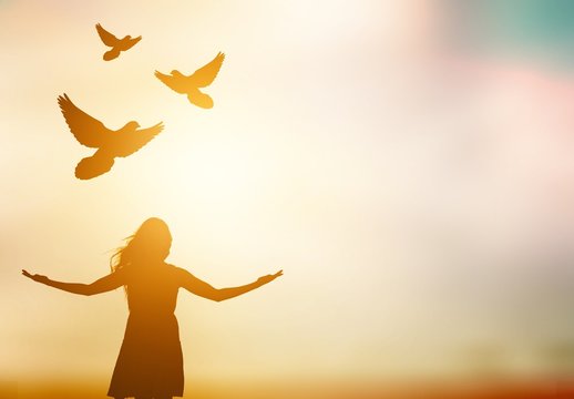 Silhouette of a young woman and free birds fly