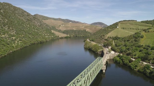 Drone view of a railway bridge in Douro region in Ferradosa, Portugal