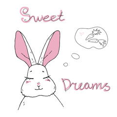 Cute rabbit dreams about carrot. Vector illustration