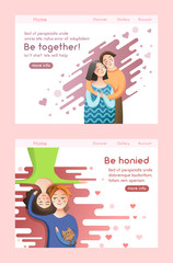 Couple in love concept. Man and woman relationship. Happy romantic family together hug each other. Vector web site design template. Landing page website concept illustration