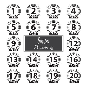 Set of black numbers from 1 to 20 and the word of the year decorated with a circle of stars