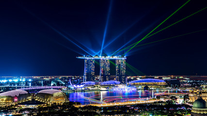Singapore City view and Marina Bay Sands laser show at night