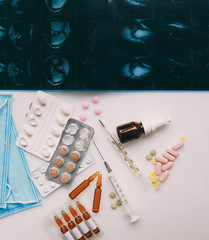 Coronavirus 2019-nCoV, MERS-Cov middle East respiratory syndrome. Wuhan pneumonia virus. Protective medical mask and medicines, pills against the virus.