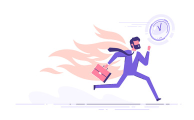 Office worker character running with back on fire. Deadline and rush hour. Vector illustration.