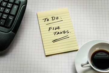 Taxes, To Do, reminder, finance concept - Top view with copy space, flat lay