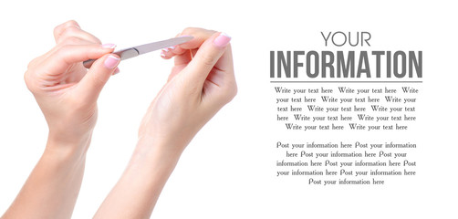 nail file in hand on white background isolation, space for text