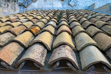 Roof with old tiles seen from above