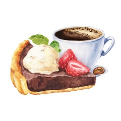 Watercolor slice of chocolate cake with ice cream and strawberry, and cup of coffee, isolated on white background. Hand drawn food illustration.