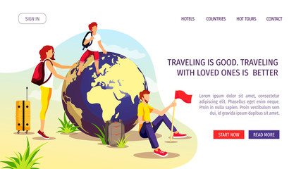 Web page design template for discovery, World Tourism Day, travel and happy family. Parents with son sitting on the globe. Vector illustration for banner, poster, website, commercial, advertisement.