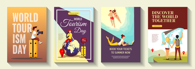 Set of cards for discovery, World Tourism Day, travel agency, vacation. A4 Vector illustration for poster, banner, flyer, commercial, advertisement.