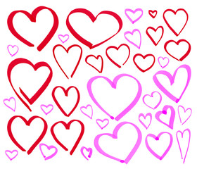 Set of red and pink hearts on a white isolated background. Marker drawn hearts. A large collection of love symbols in different sizes. Valentine's Day.