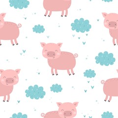 Vector seamless pattern with cute animals and clouds Baby pig Digital paper Children background