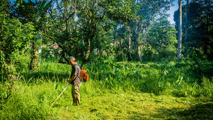 A middle aged man cutting the the thick bushes using the brush cutter machine under the scorching sun.