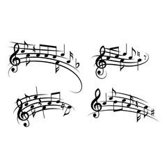 Music notes with curved or swirled staff. Musical melody with clef, key, notes black isolated vector.