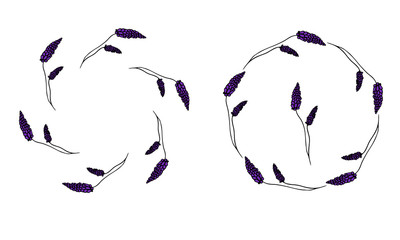 Set of decorative doodle wreaths made of lavender branches. Isolated objects on a white background. Vector stock illustration.